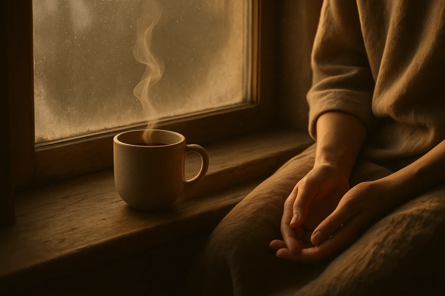 Un mug fumant sur un rebord de fenêtre embué, une personne assise à côté les mains posées, illustration de ce à quoi penser pendant la méditation