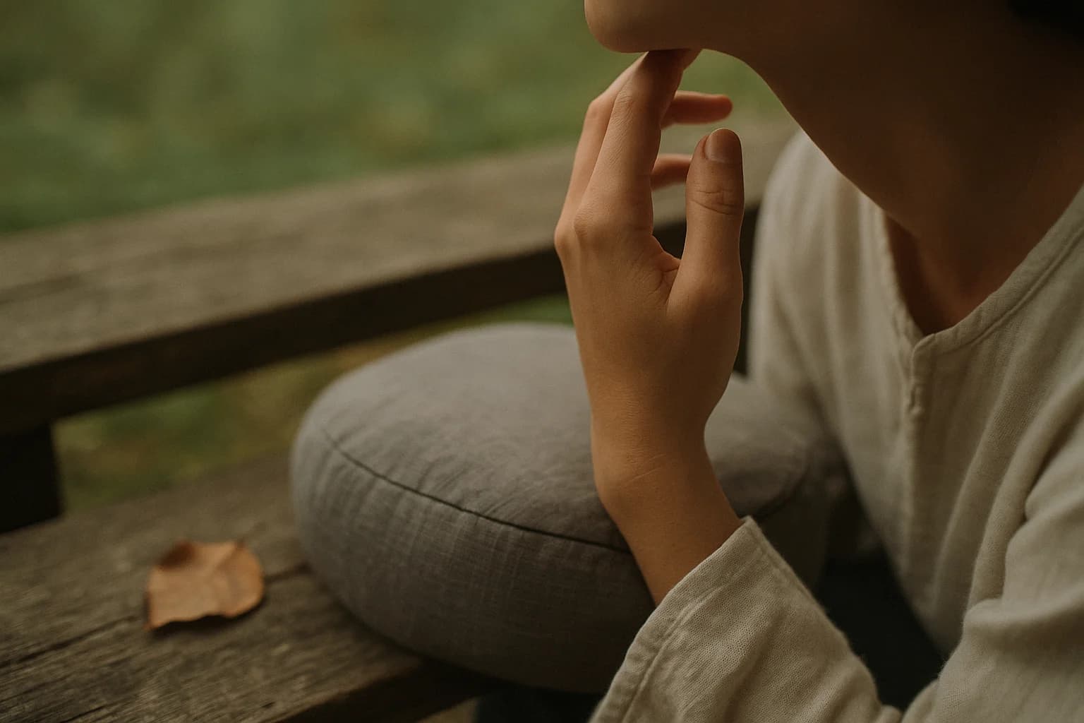 Gros plan sur une main posée contre la mâchoire, doigts relâchés, sur un coussin de méditation gris