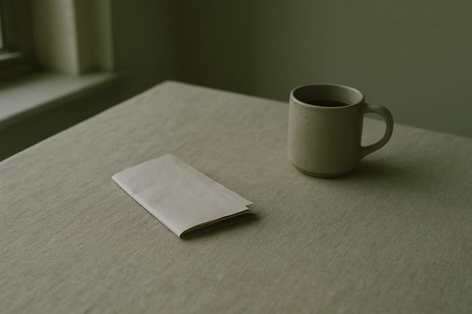 A folded sheet of paper on a linen tablecloth next to a mug of cold coffee, late morning light