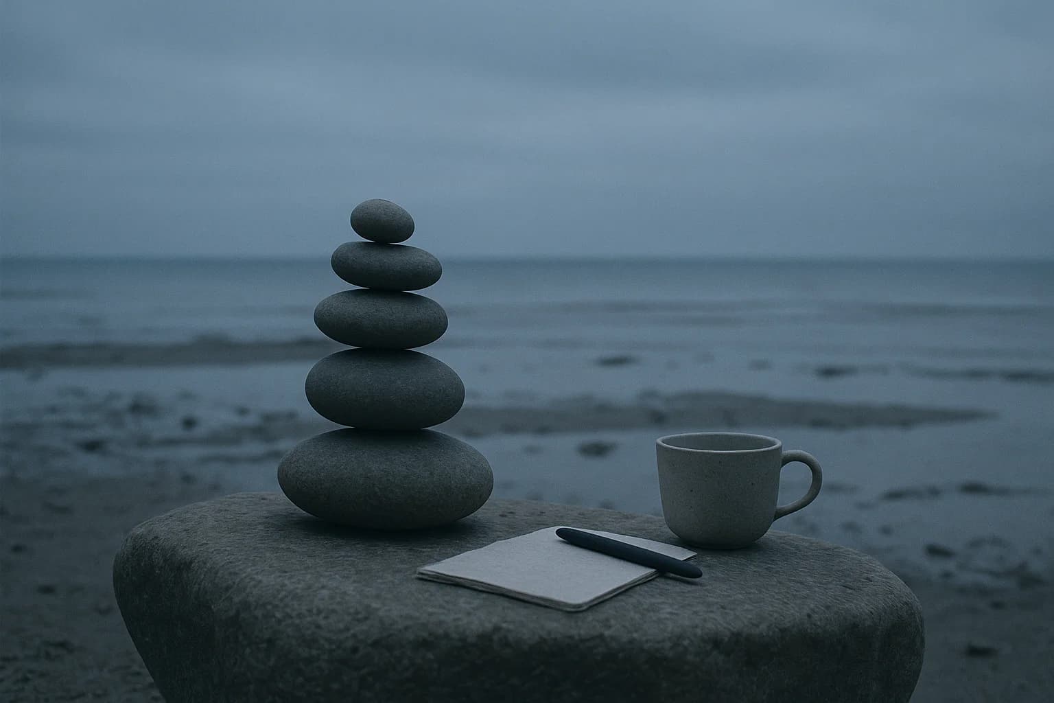 Un cairn de galets en équilibre près d’un carnet, d’un stylo posé et d’une tasse, image d’accepter l’imperfection et de s’arrêter là