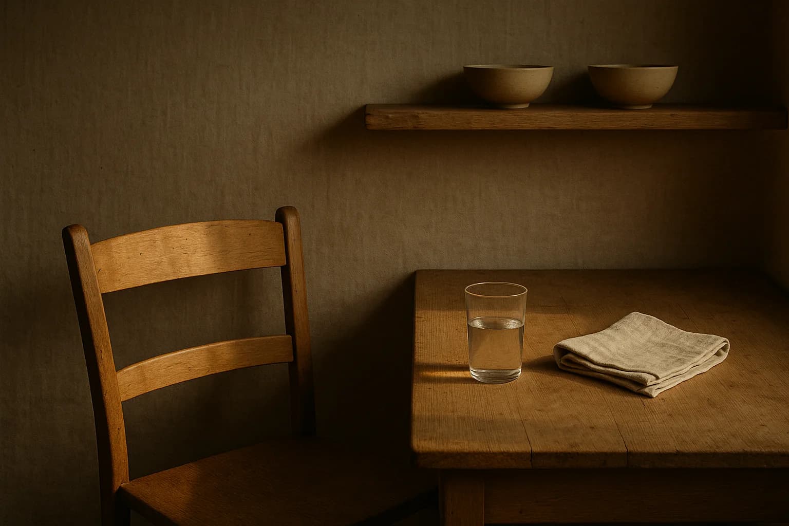 Une chaise de cuisine écartée de la table, un verre d’eau et un torchon plié posés sur le bois
