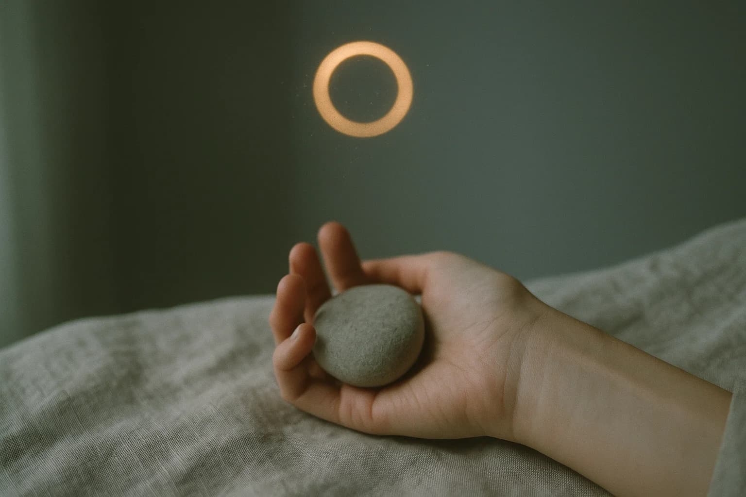 Cercle de lumière dorée sur fond sombre avec un léger flou, évoquant une forme géométrique utilisée comme support de méditation