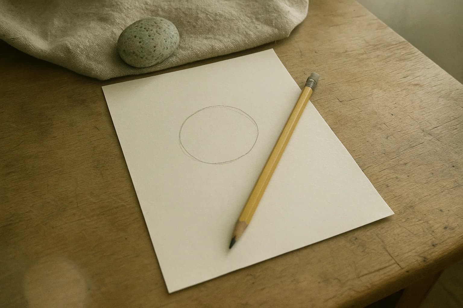 Crayon posé sur une feuille blanche avec un cercle tracé à main levée, légèrement imparfait