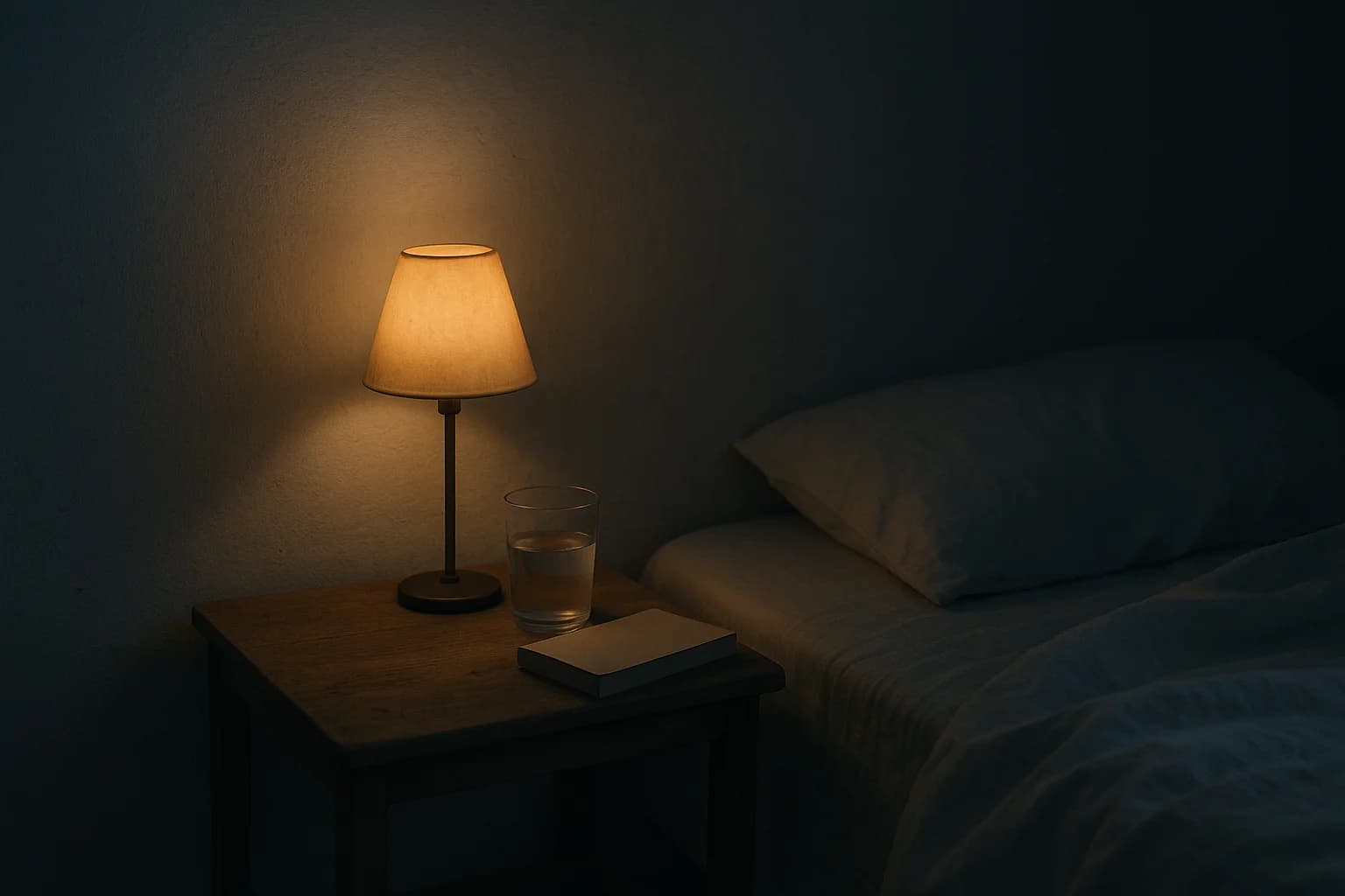 Table de chevet la nuit, lampe basse allumée, verre d'eau à moitié bu et livre fermé près d'un lit défait, chambre calme pour arrêter de penser et dormir