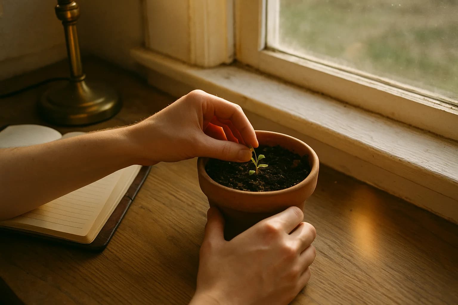 Deux mains prenant soin d'une jeune pousse dans un pot en terre cuite près d'une fenêtre, image pour arrêter de se dévaloriser