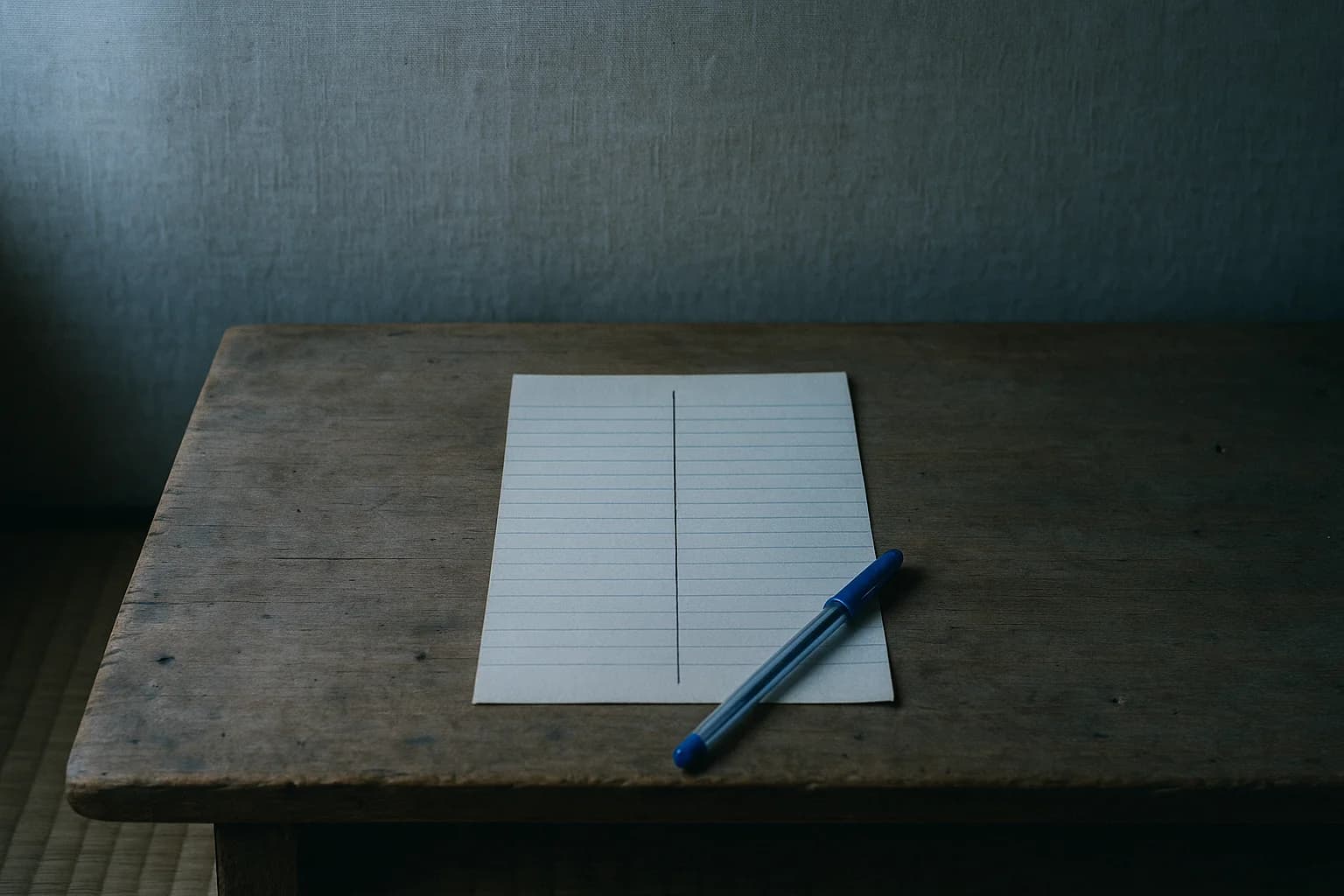 Feuille lignée posée sur une table en bois, partagée en deux colonnes par un trait à l’encre, un stylo bille bleu posé en travers