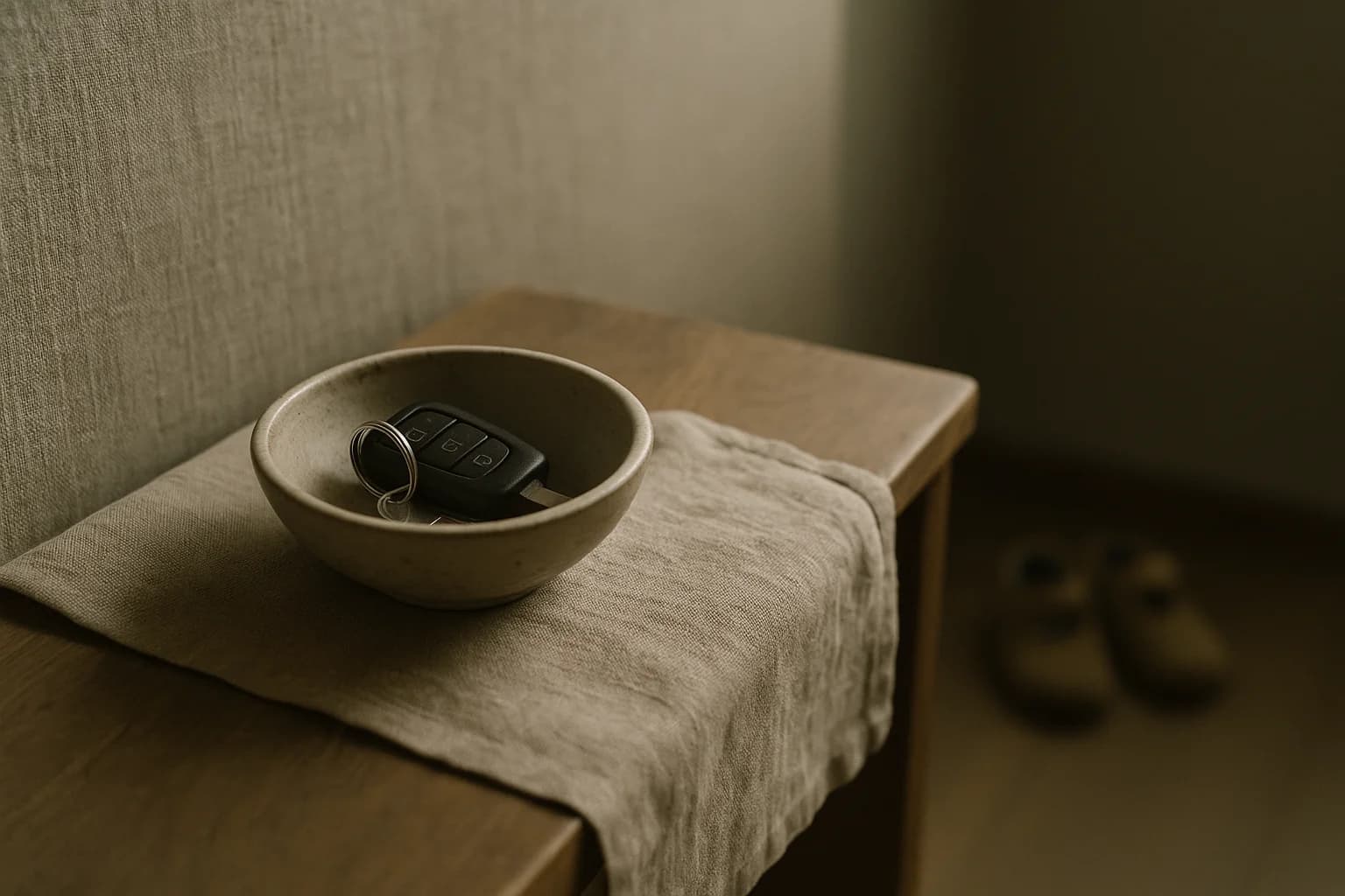 Trousseau de clés de voiture posé dans un bol en céramique sur une console d'entrée, petites chaussures d'enfant floues derrière