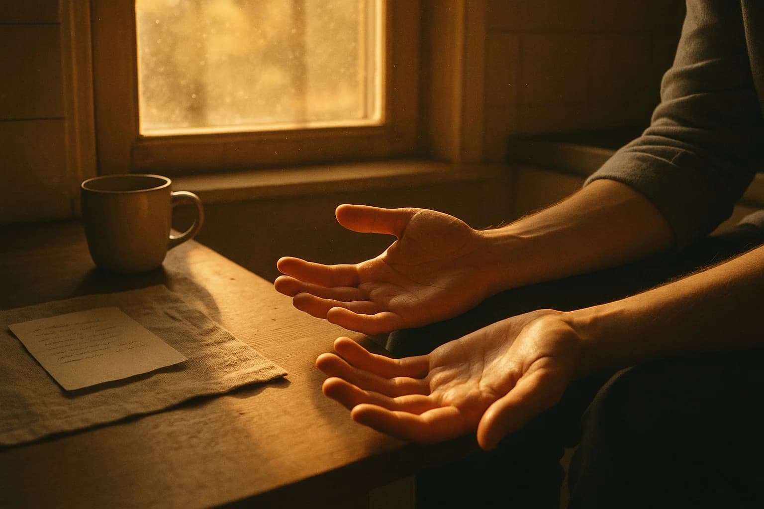 Deux mains ouvertes et détendues posées sur les genoux, lumière chaude de fenêtre sur les paumes, méditation de gratitude au calme