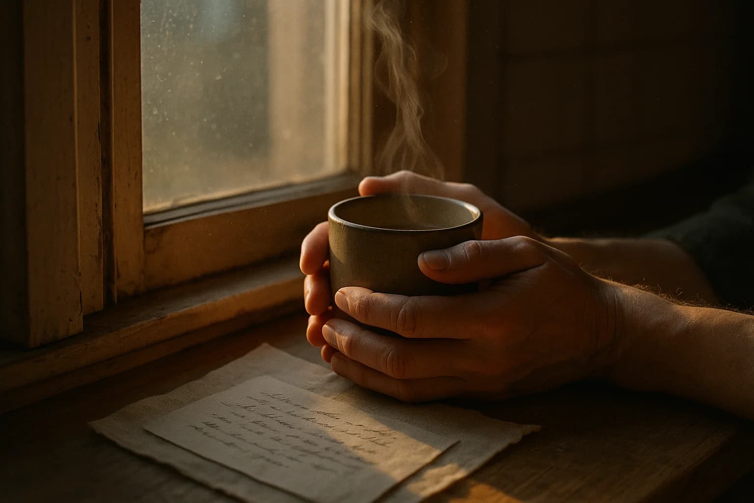 Mains tenant une tasse de thé tiède près d'une fenêtre, vapeur à peine visible, chaleur de la céramique contre la fraîcheur de l'air