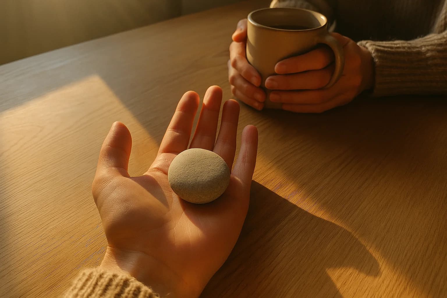 Main ouverte posée sur une table en bois clair avec une petite pierre ronde au creux de la paume, lumière matinale douce