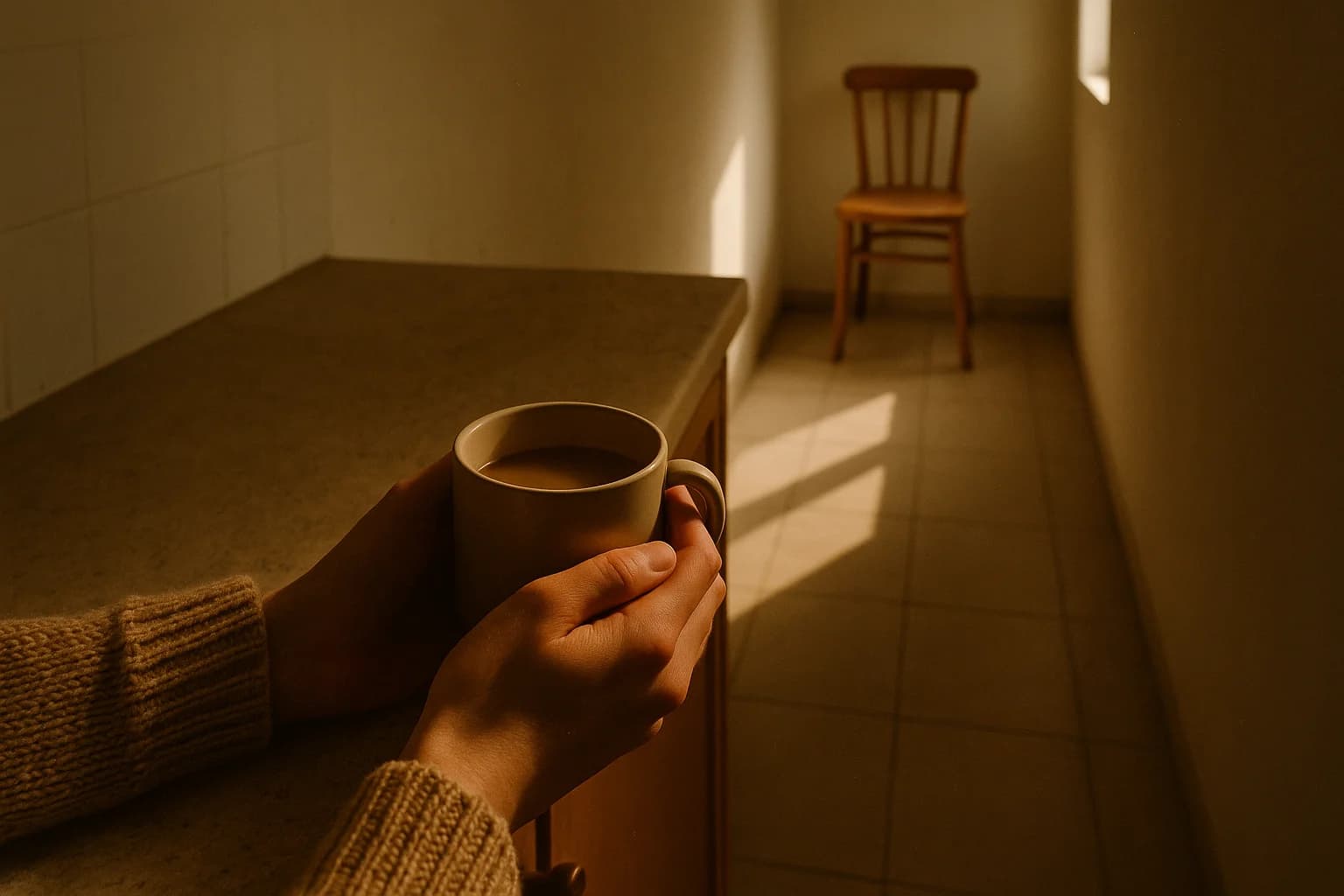 Main tenant une tasse de café dans un couloir étroit, chaise en bois vide éclairée par un rayon de soleil au fond, carrelage beige au sol
