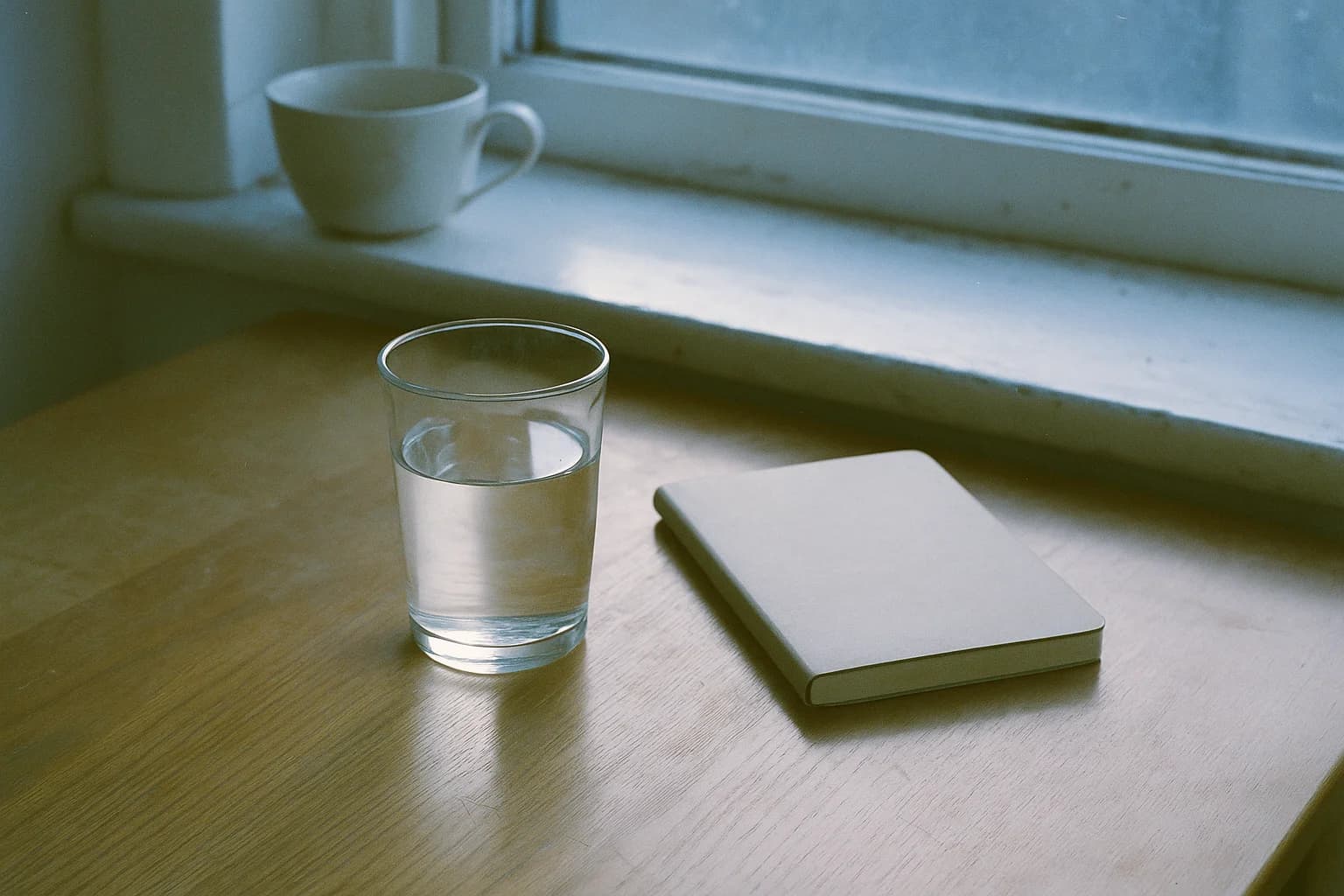 A glass of water on a pale wooden table next to a closed notebook, in front of a misted window