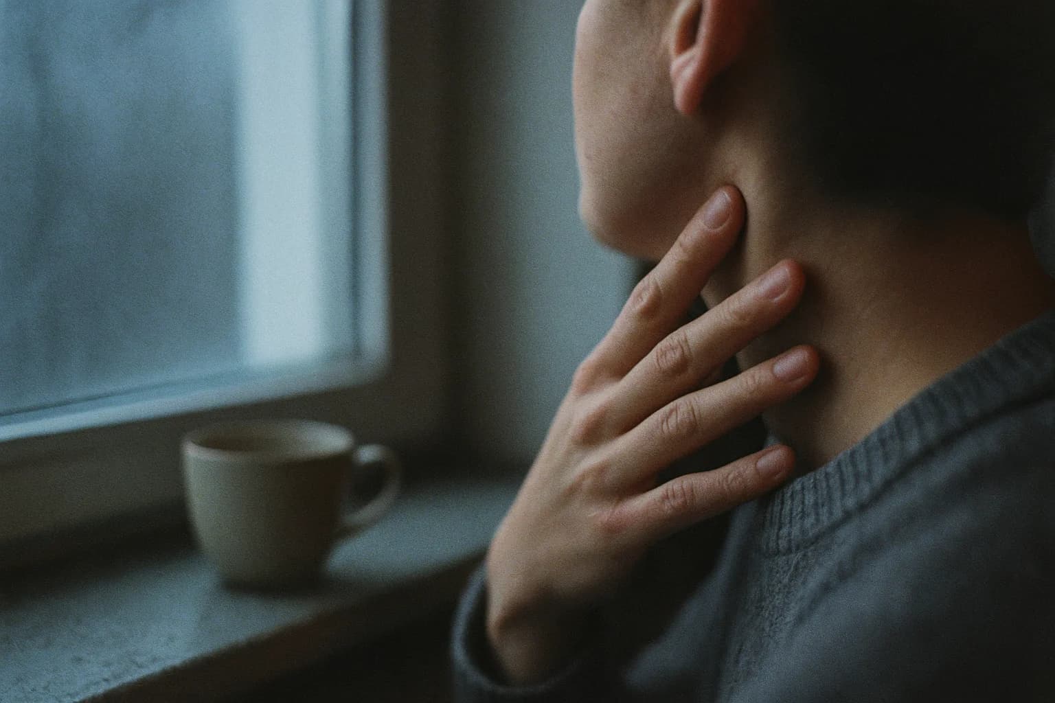 A person seen from behind by a window, one hand resting flat on the side of the neck, under the jaw