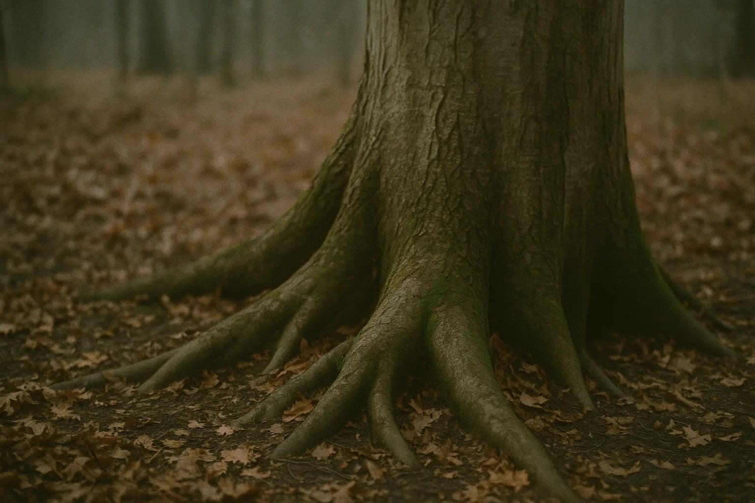 Pied d'un grand arbre en forêt : racines noueuses qui s'étalent dans un sol couvert de feuilles mortes, lumière douce, image d'ancrage et de calme mental