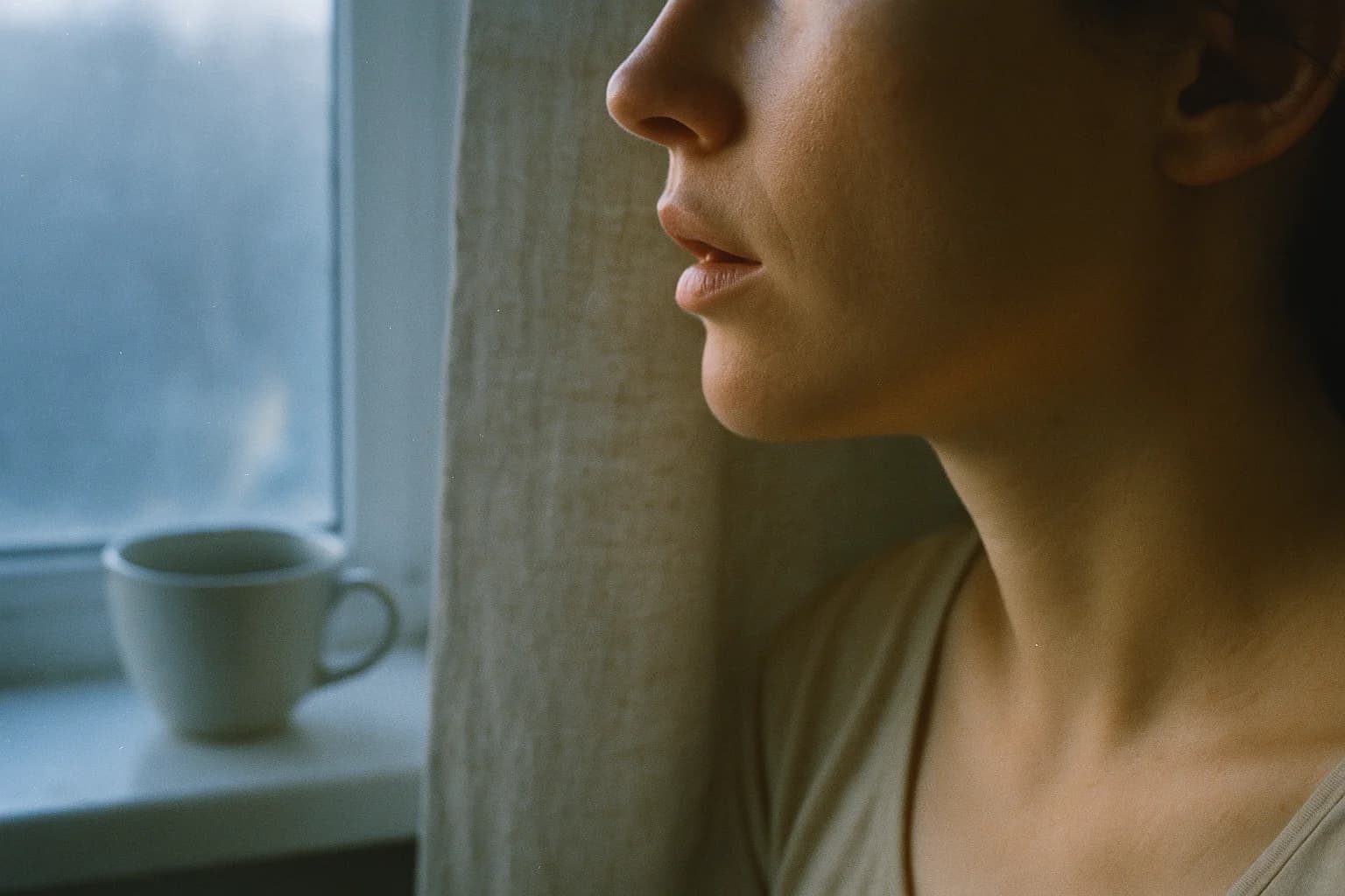 Profil d'un visage au repos, mâchoire légèrement ouverte, lumière naturelle douce sur fond de lin beige