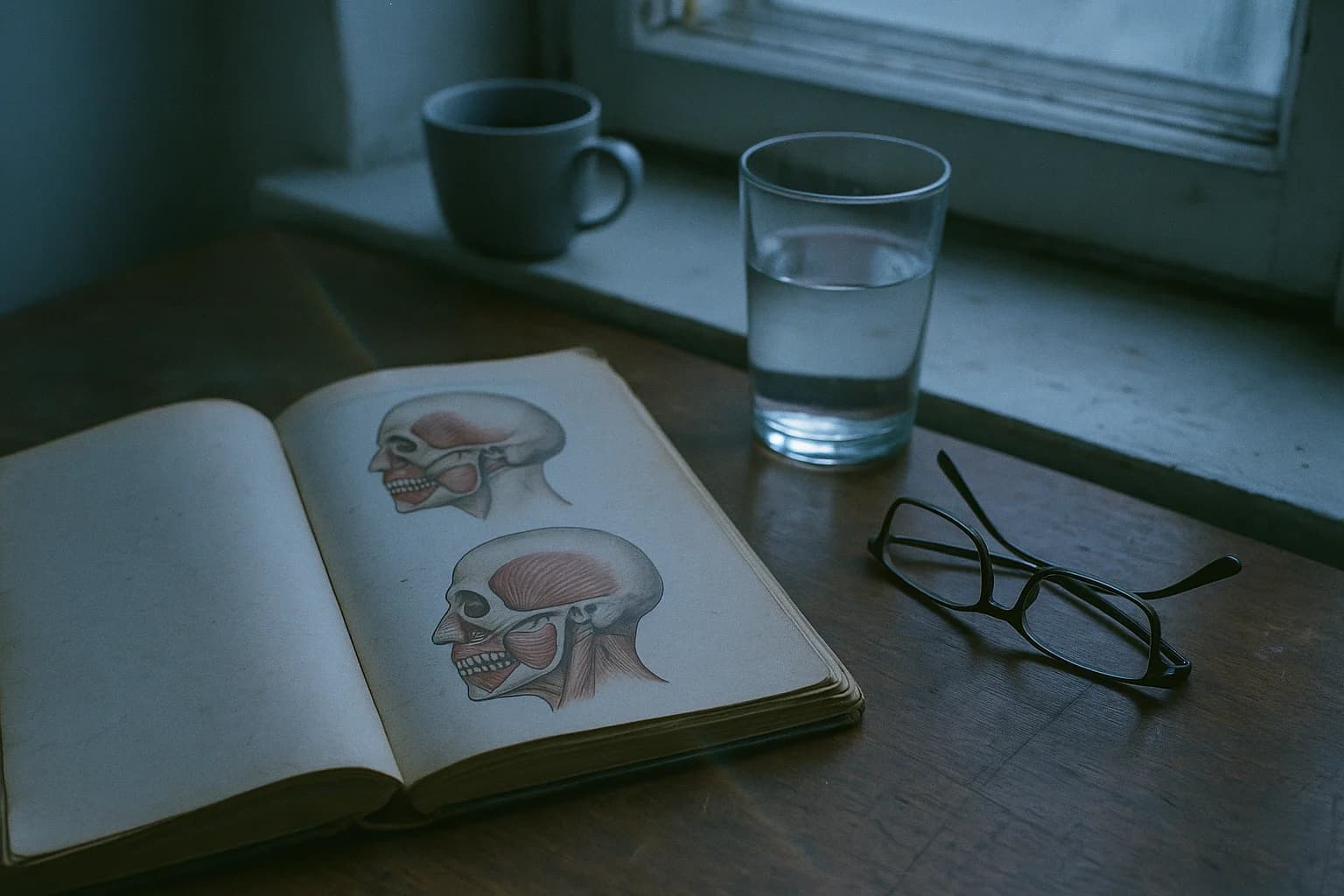 Livre d'anatomie ouvert sur une page montrant les muscles de la mâchoire, posé sur un bureau en bois à côté d'un verre d'eau