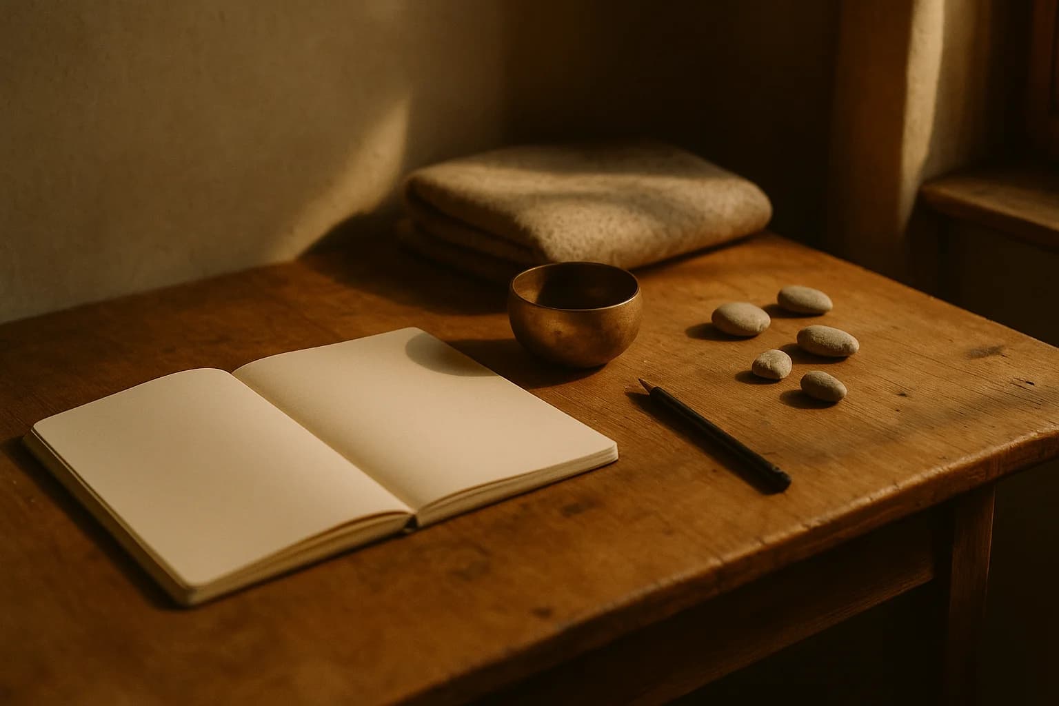 Bol chantant en laiton et carnet ouvert sur une table en bois : le décor calme pour chanter om
