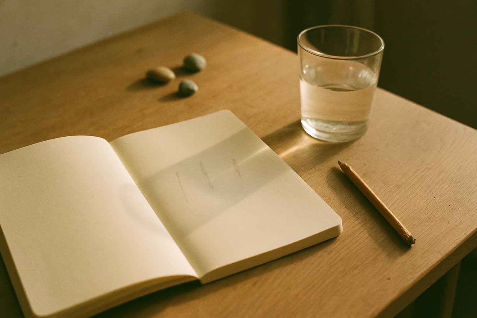 Carnet ouvert avec trois traits de crayon, verre d’eau et crayon posés sur une table en bois clair