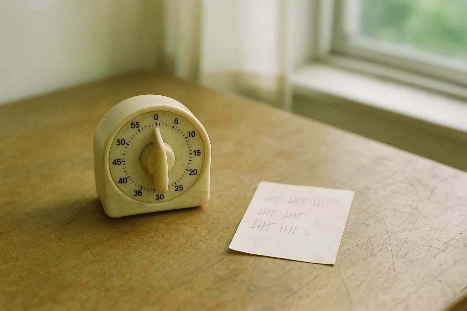 A kitchen timer and a handwritten note covered in tally marks on a wooden table: when coherent breathing does not work
