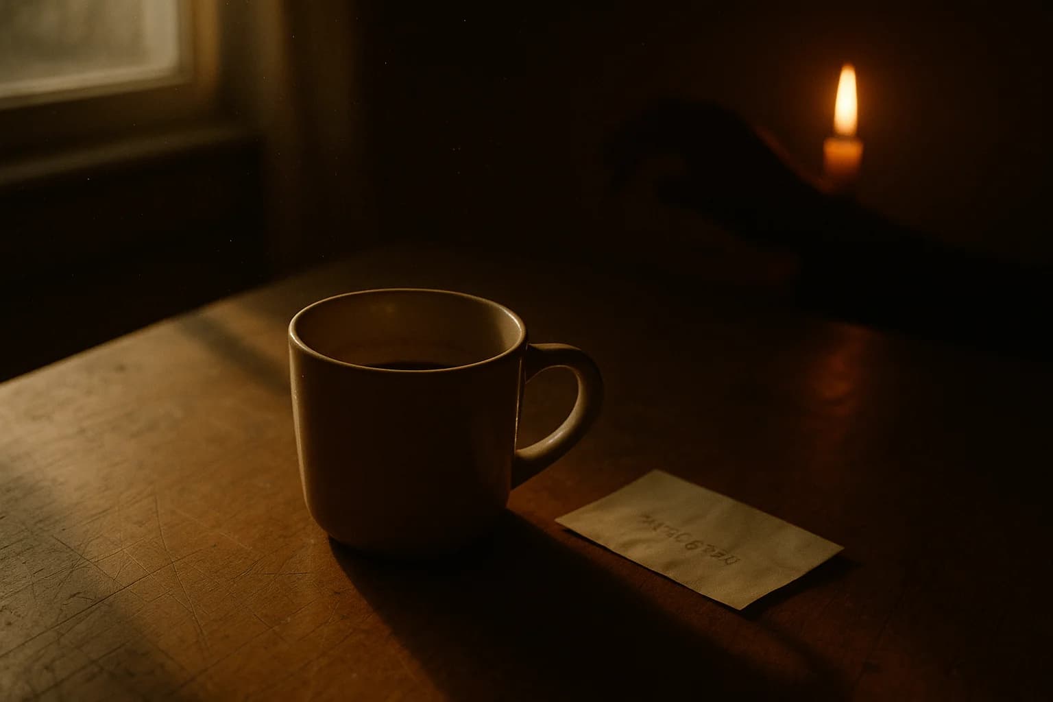 Cold cup of coffee and a folded note on a kitchen table at dawn, before a dreaded moment