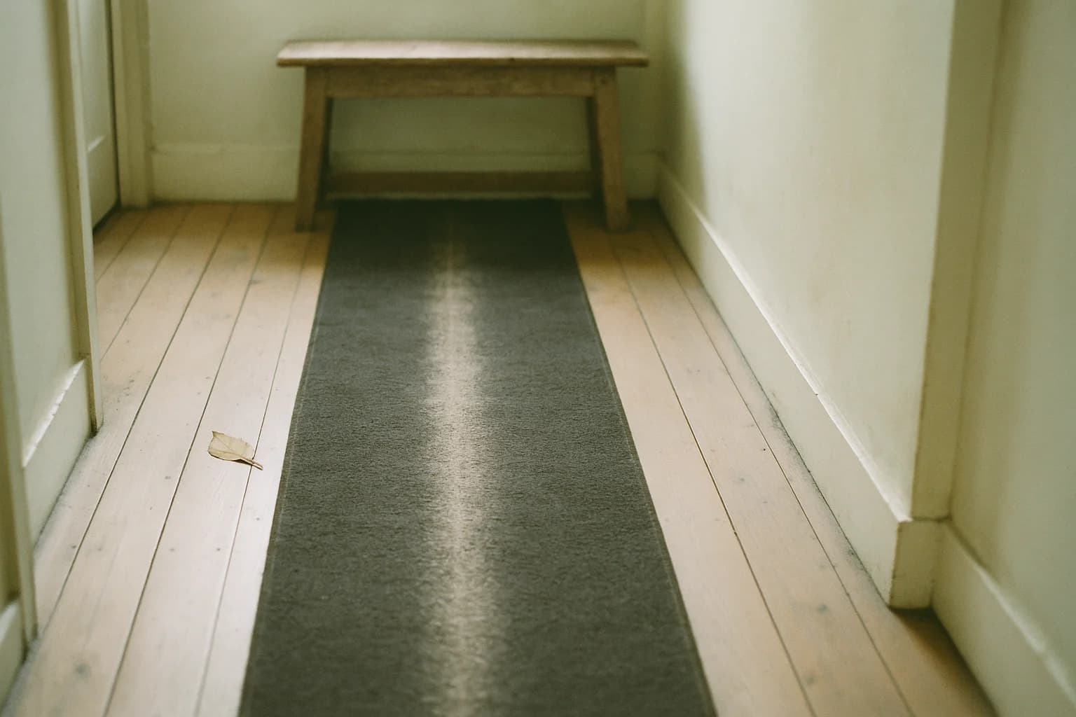 Narrow hallway runner rug worn pale in a single strip down the middle, bare floorboards on either side