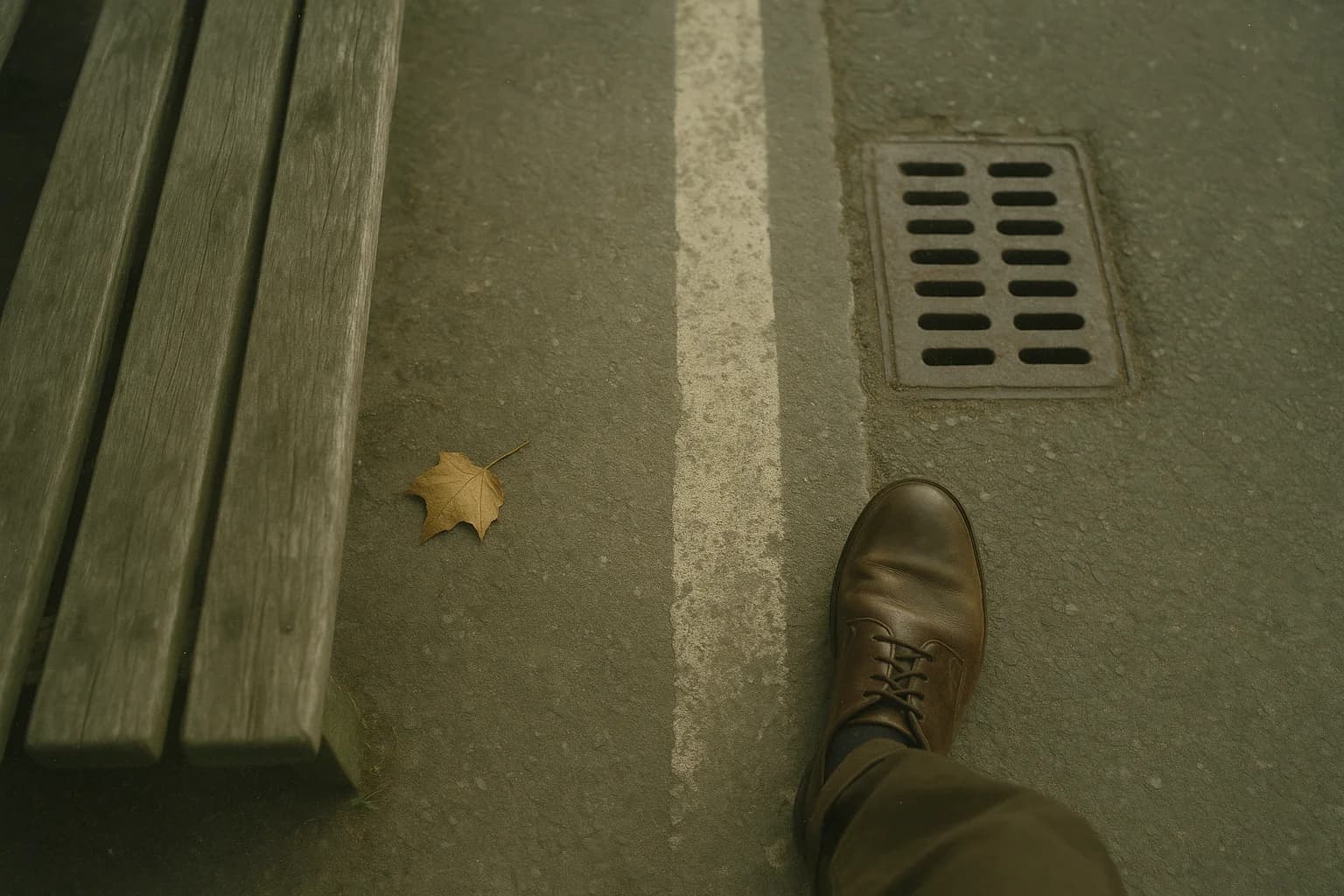 Pavement seen from above at walking height, one leather shoe entering the frame beside a painted line and a drain cover
