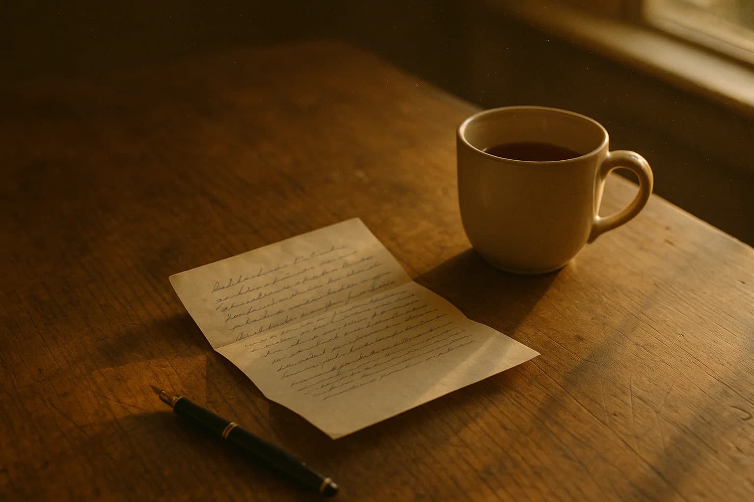 Lettre manuscrite pliée et jamais envoyée posée sur une table en bois à côté d’une tasse de thé froide, lumière du matin