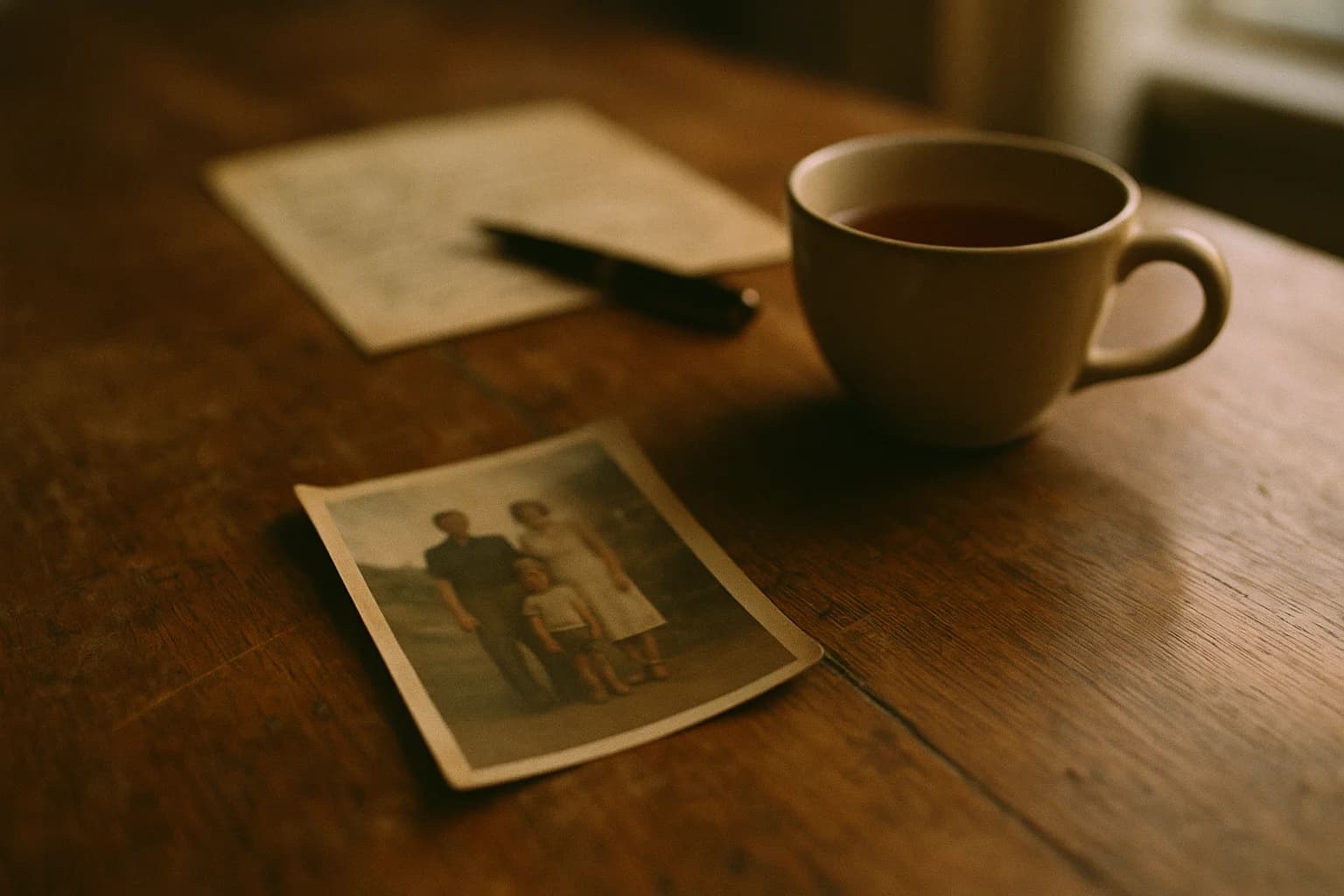 Photo de famille cornée posée à plat sur une table en bois à côté d’une tasse de thé froide, lumière de fin de matinée