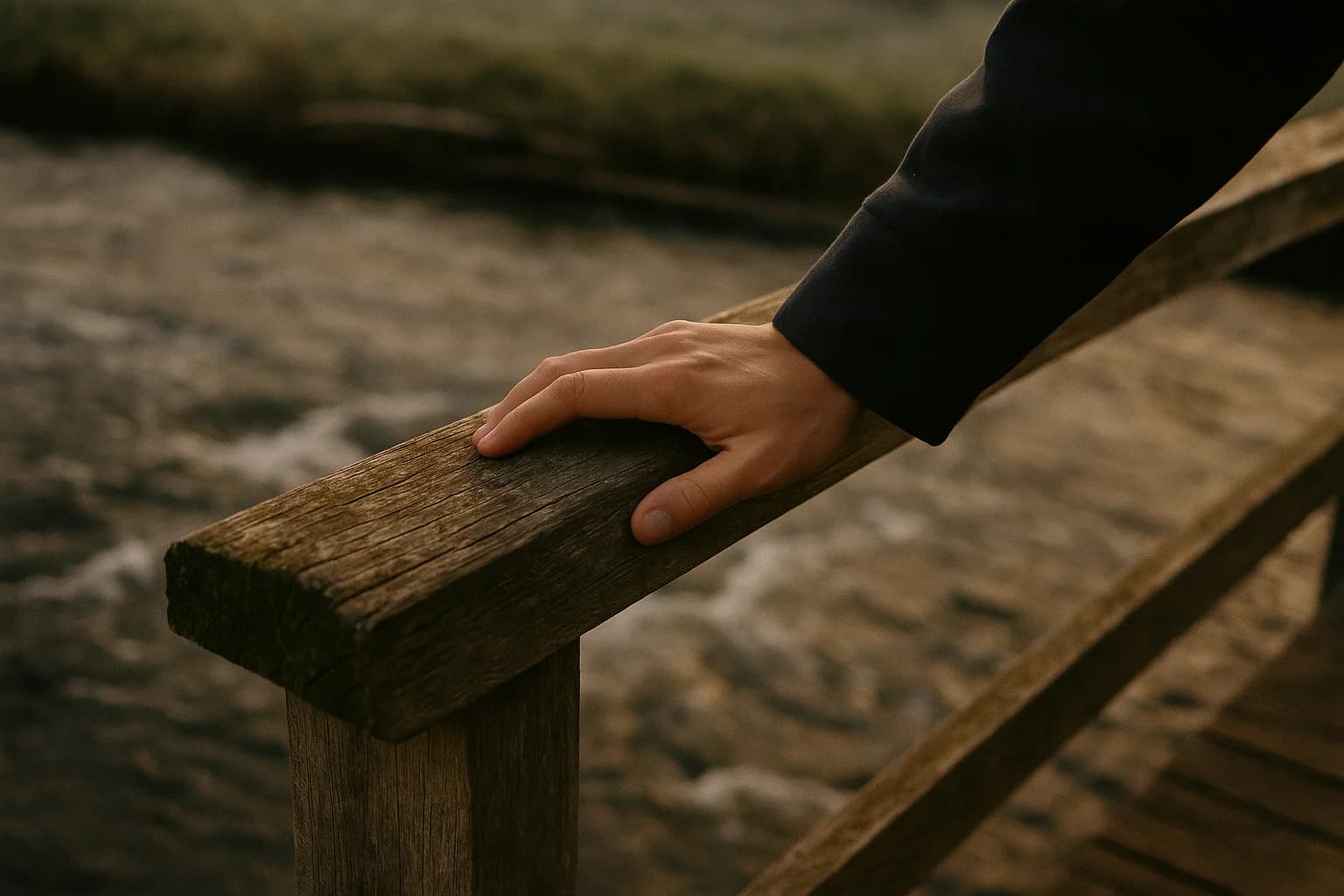 Une main posée sur la rambarde en bois usé d’une passerelle, eau de rivière en mouvement en contrebas, lumière chaude de fin de journée