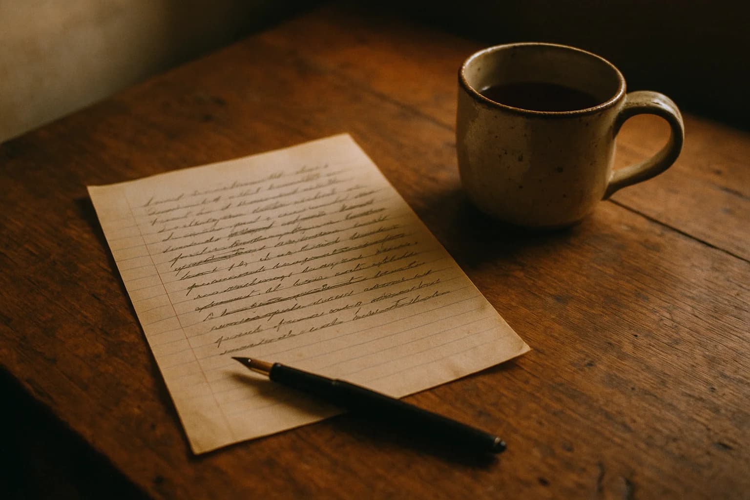 Une page manuscrite posée à plat sur une table en bois sombre, un stylo en travers et une tasse de terre cuite refroidie à côté