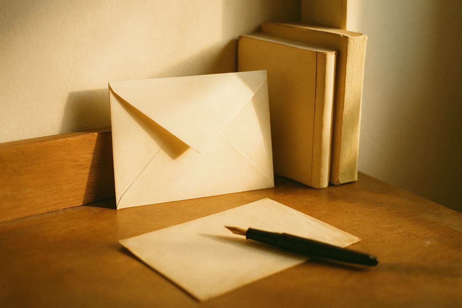 Une enveloppe sans adresse, posée debout contre une pile de livres sur un plan de bois clair