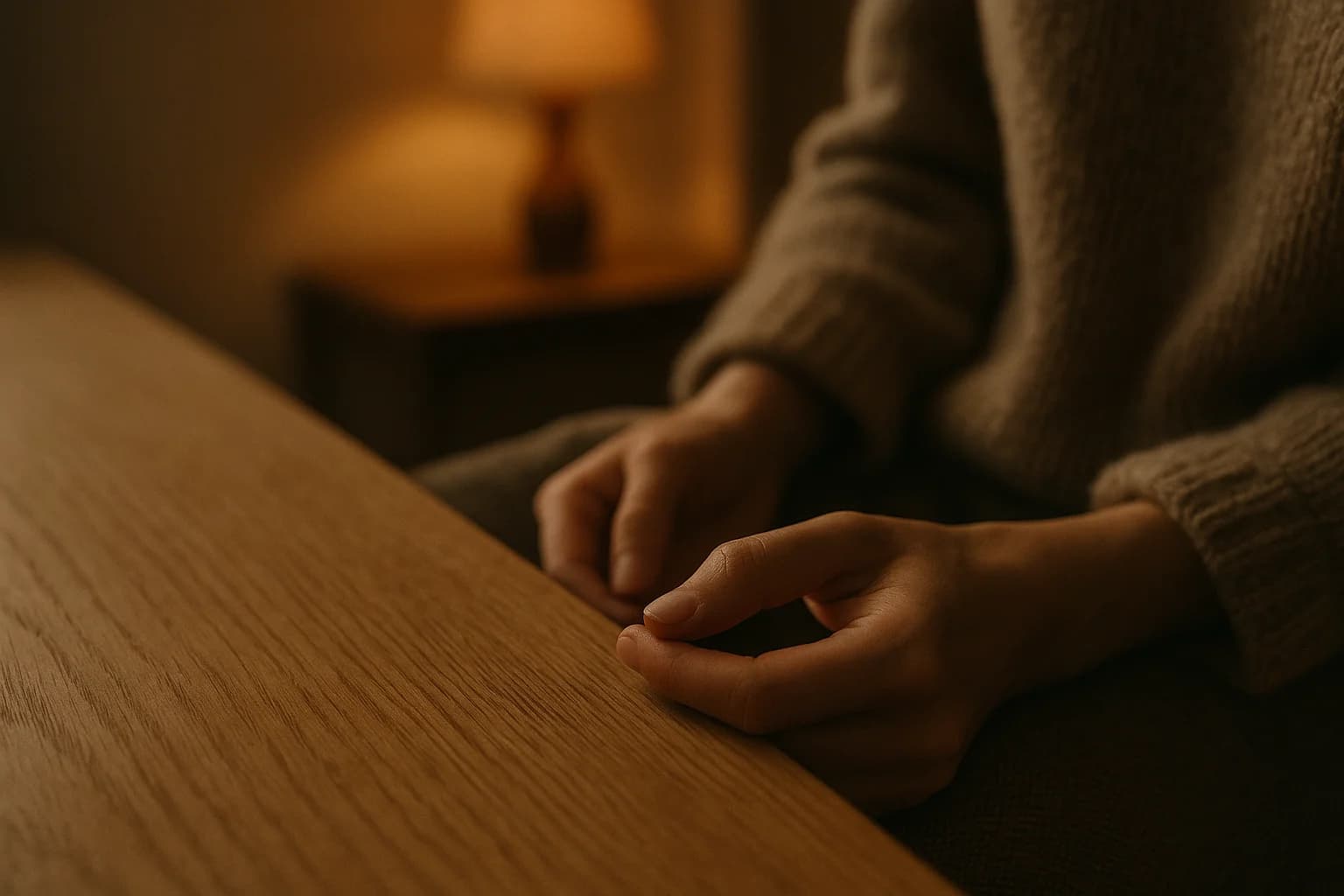 Gros plan de deux mains posées sur une table en bois clair, le pouce pressé doucement contre l'index, lumière naturelle douce