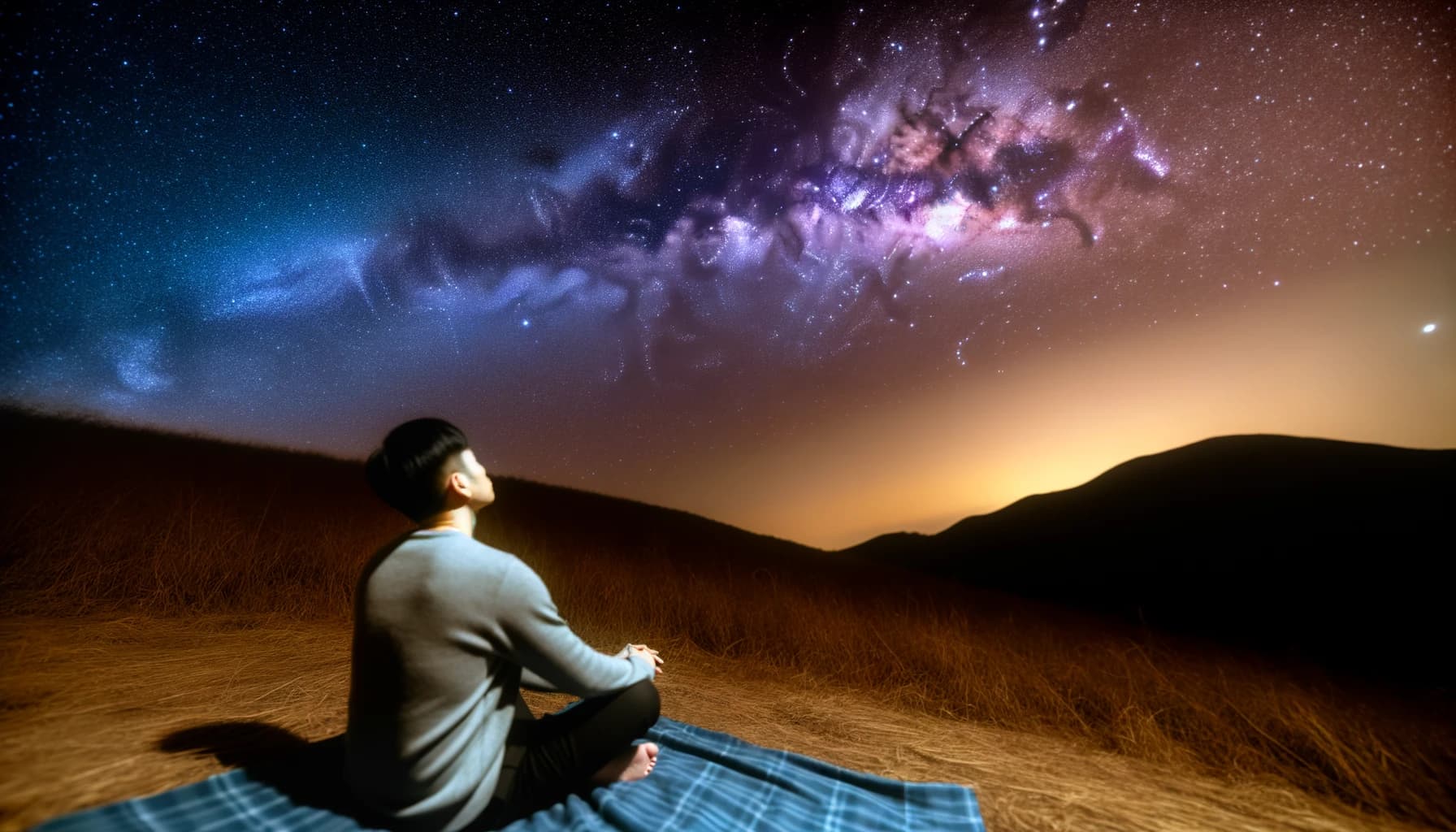 Personne assise paisiblement sur une colline contemplant un vaste ciel étoilé, évoquant la compassion envers soi par la visualisation de l’immensité