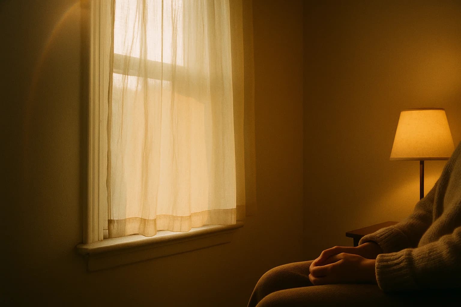 Un rideau clair immobile devant une fenêtre au petit matin, une personne assise en pull dans une lumière douce et calme