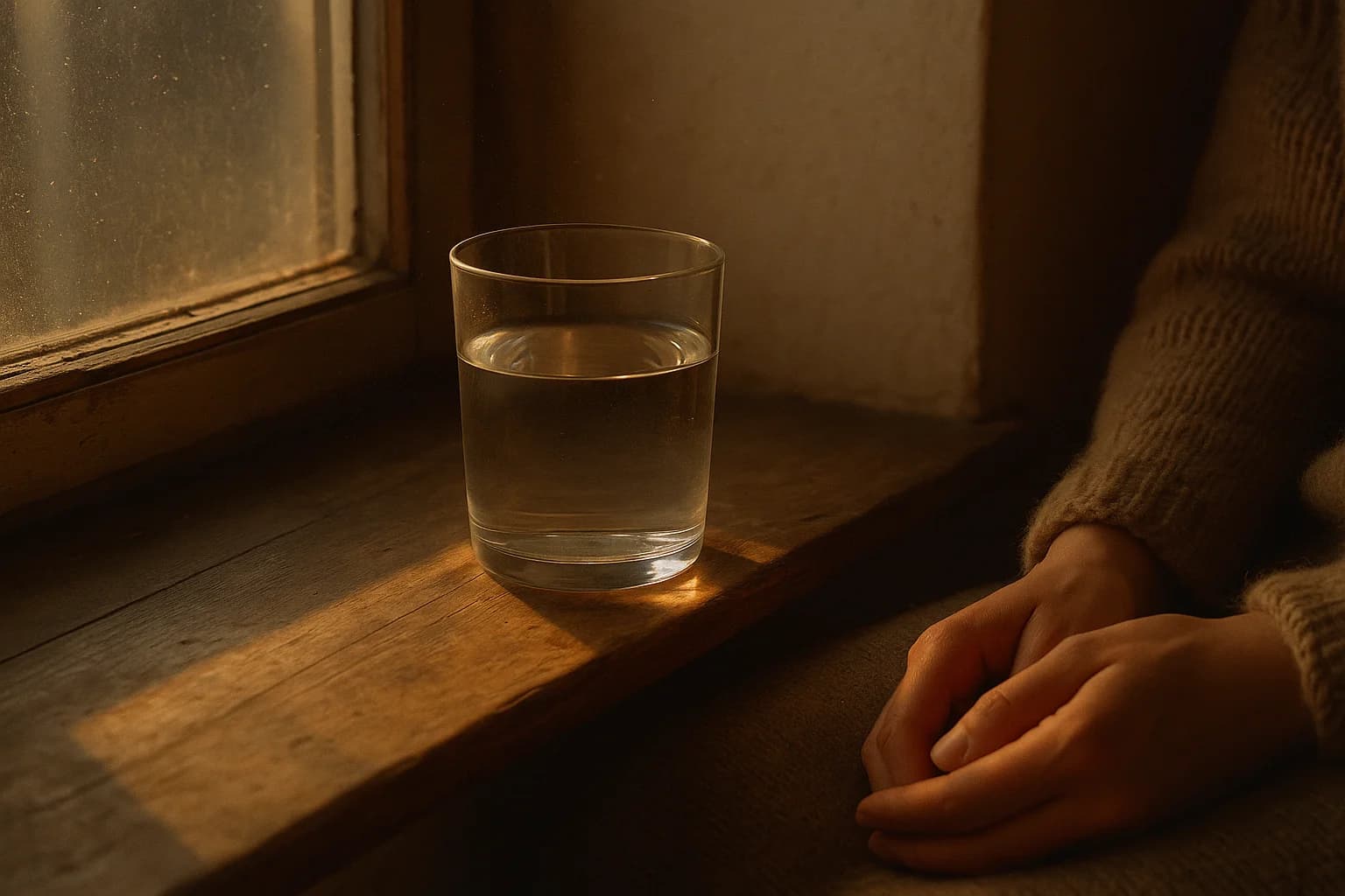 Un verre d'eau à la surface parfaitement immobile sur un appui de fenêtre en bois, deux mains posées au repos à côté, lumière douce