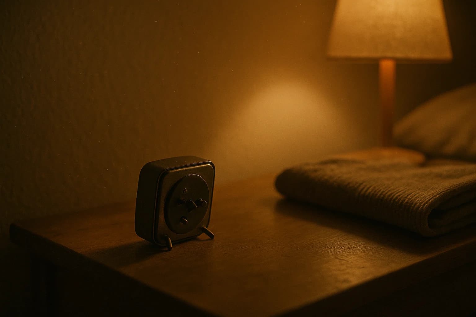 Réveil analogique posé face contre une table de chevet dans une chambre en lumière tamisée, ambiance calme du soir pour compter à rebours pour dormir