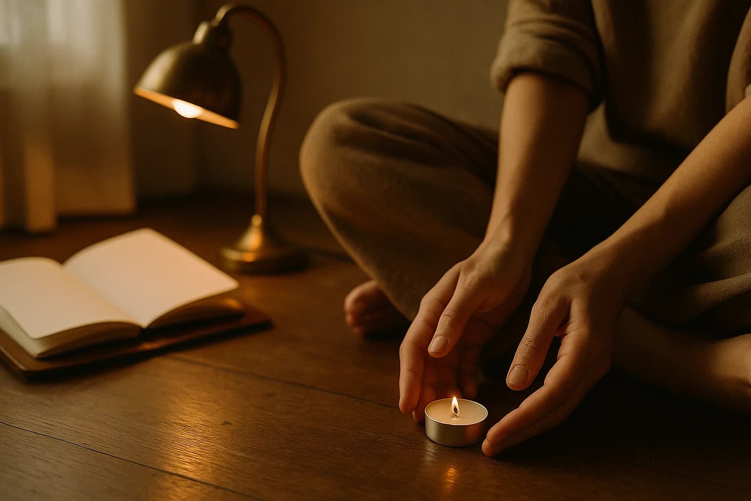 Deux mains posées sur les genoux avec une petite bougie chauffe-plat entre les paumes, lumière du matin sur un parquet en bois