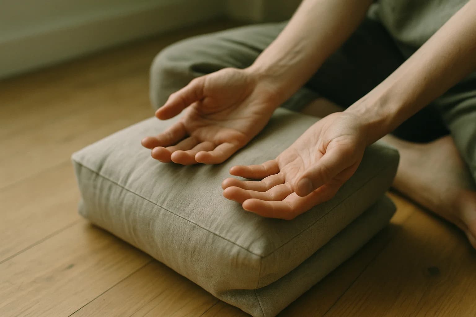 Deux mains ouvertes posées sur un coussin de méditation en lin, lumière matinale douce sur les paumes