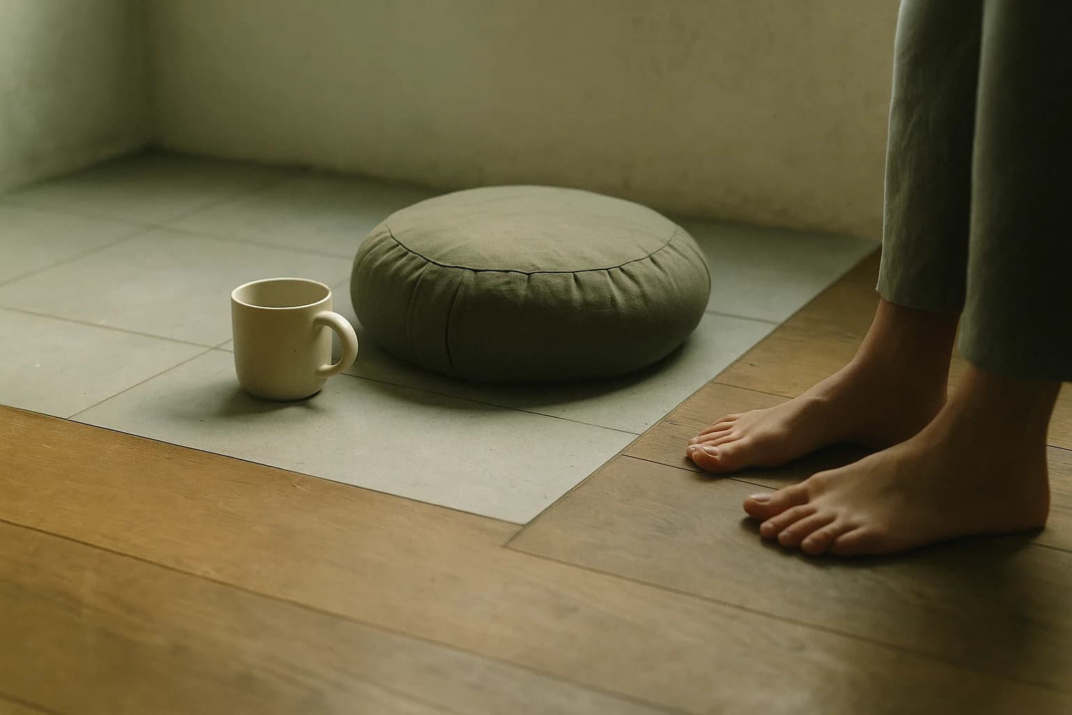 Coussin de méditation posé sur du carrelage froid avec une tasse de thé refroidie à côté, lumière du matin