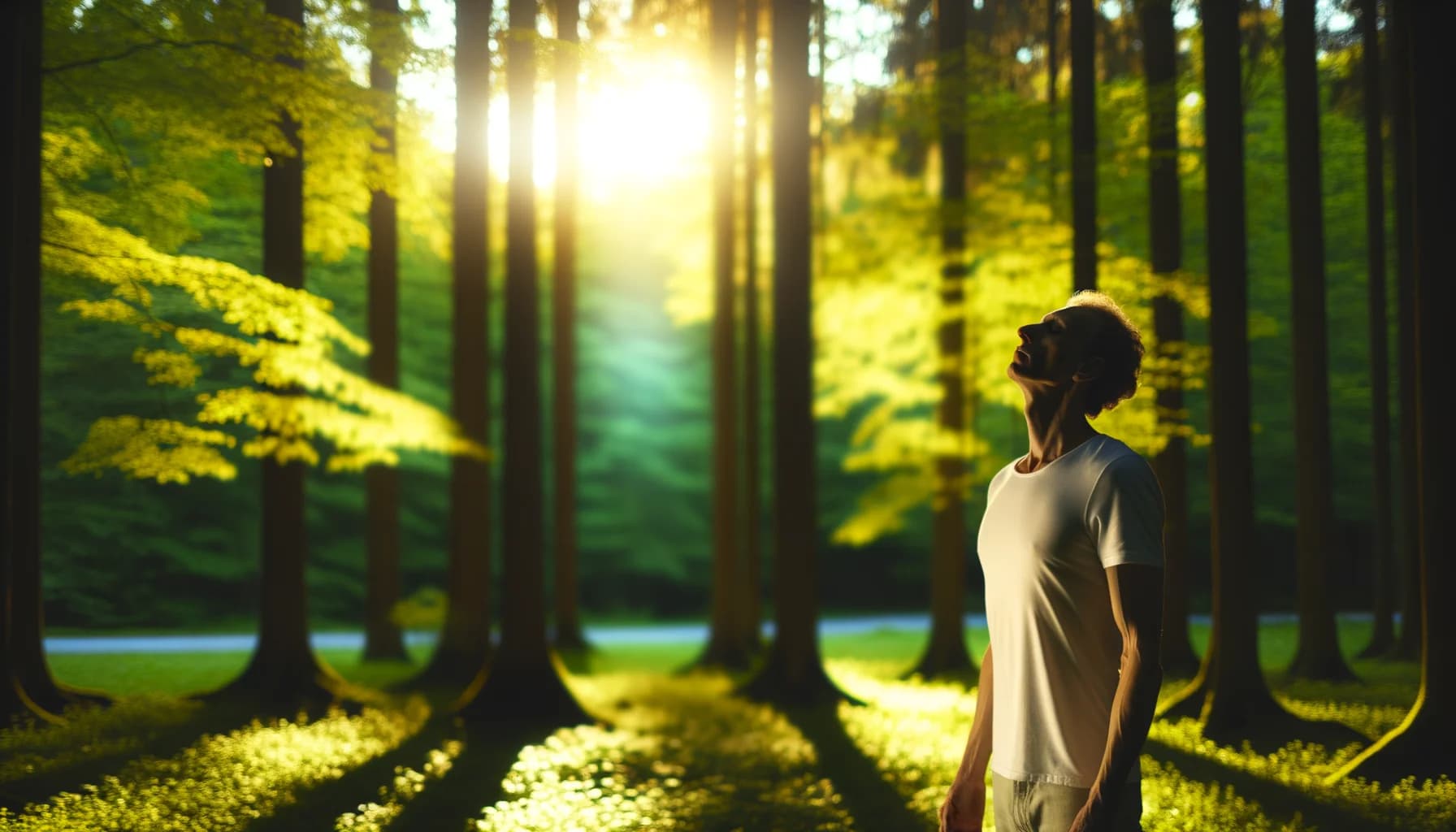 Personne pratiquant le soupir physiologique dans un cadre naturel verdoyant, illustrant la connexion à la nature par la respiration consciente