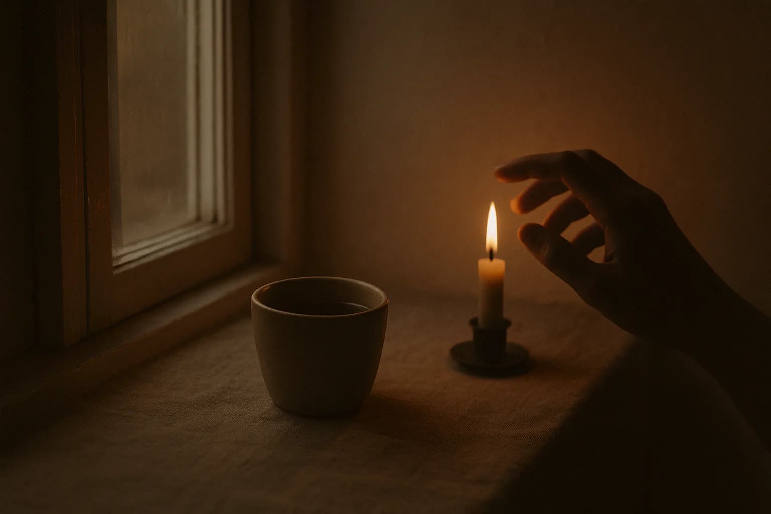 Une tasse en céramique qui refroidit sur le rebord d'une fenêtre dans une lumière douce, image d'un ancrage simple pour le courage intérieur