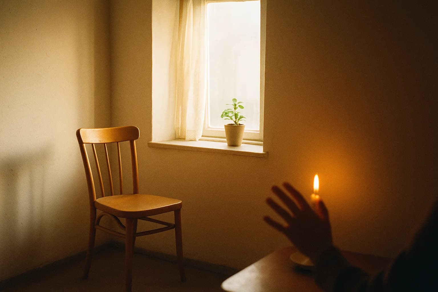 Une chaise en bois vide face à une fenêtre claire dans une pièce dépouillée, évoquant le moment où l'on s'assoit pour observer ses sensations