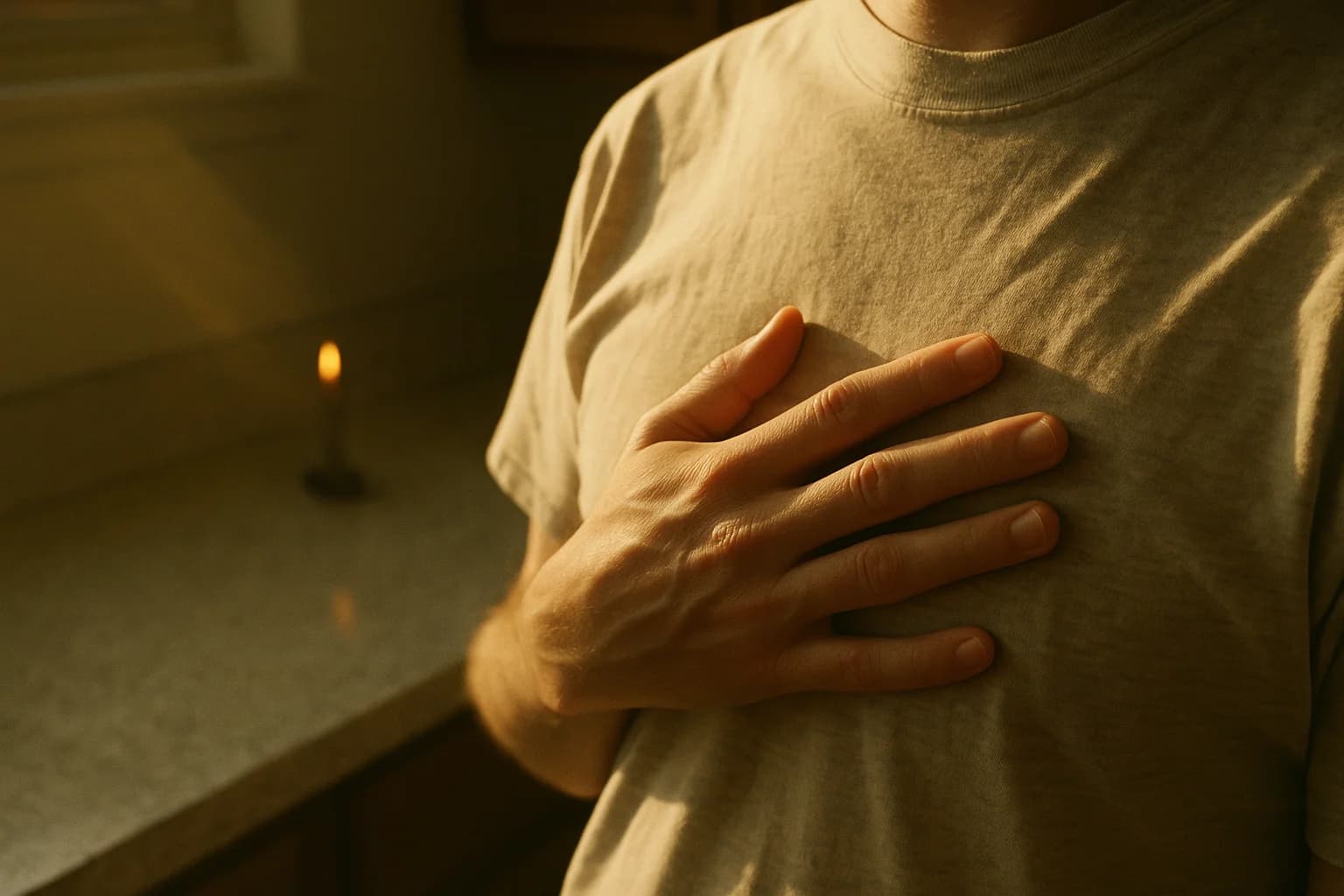 Main posée à plat sur le sternum, doigts légèrement écartés, chemise en coton, lumière matinale depuis une fenêtre