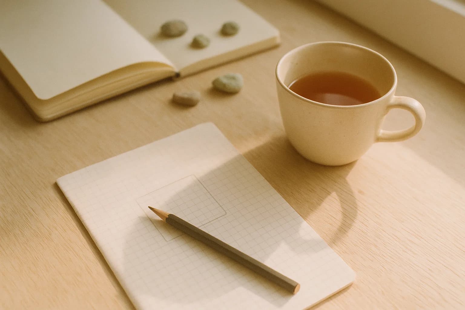 Crayon à papier posé sur une feuille quadrillée portant un carré tracé à la main, une tasse de thé tiède à côté, lumière douce de fenêtre