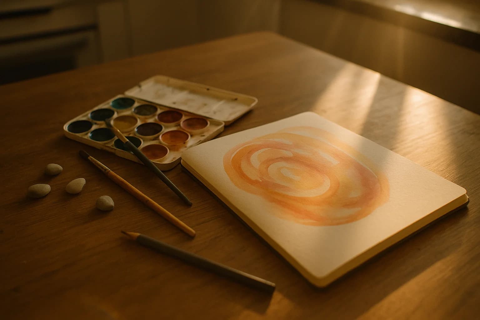 Aquarelles et pinceaux sur une table en bois près d’un carnet de croquis ouvert, lumière naturelle du matin