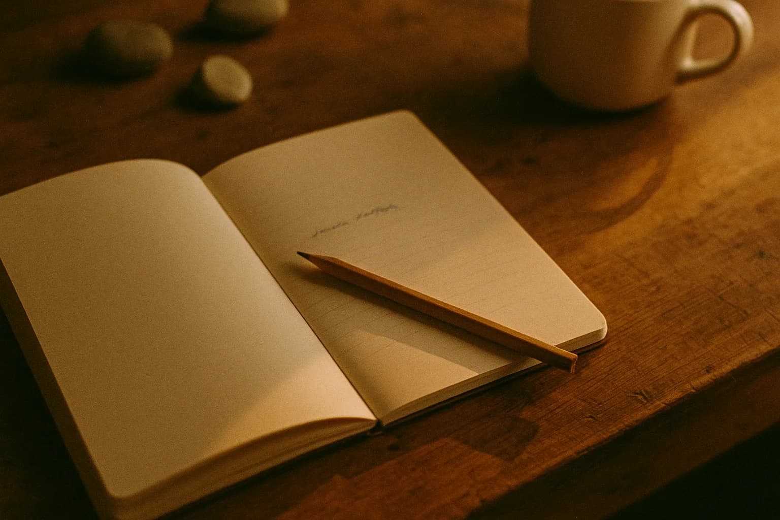 Carnet ouvert avec quelques mots écrits à l’encre bleue, crayon posé en travers de la page