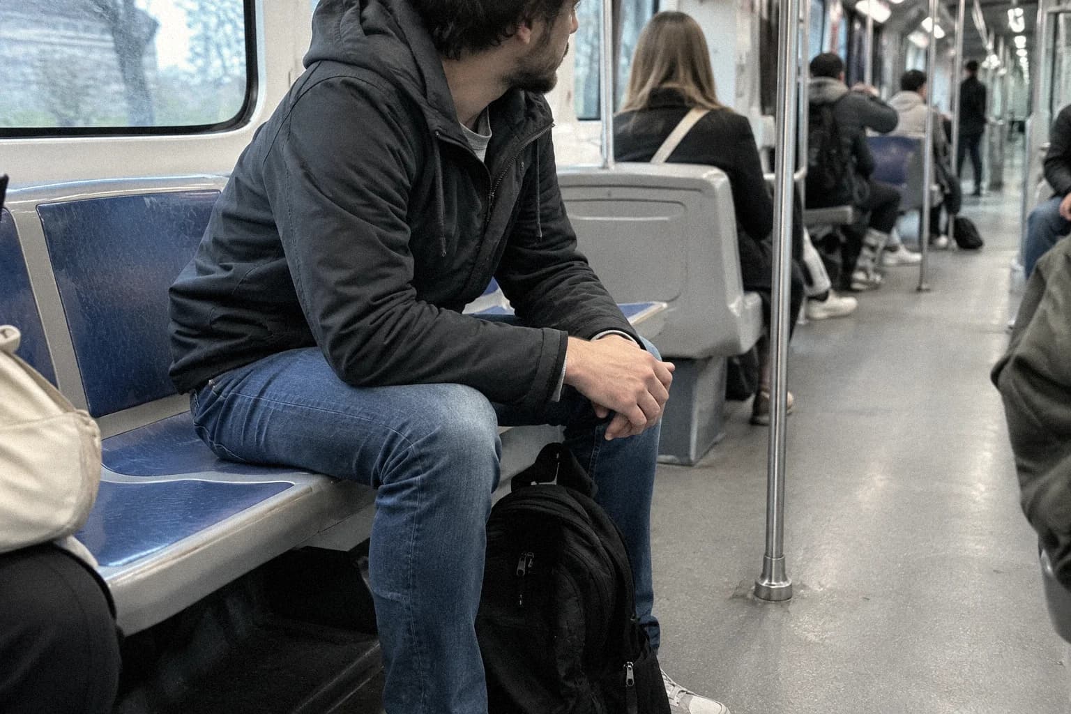 Un passager assis dans une rame de métro, les avant-bras posés sur les cuisses et le sac à dos au sol entre ses pieds