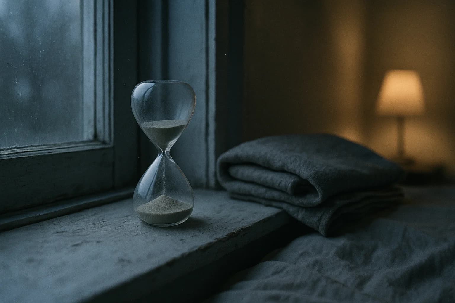 Small glass hourglass standing on a painted windowsill beside a folded wool blanket