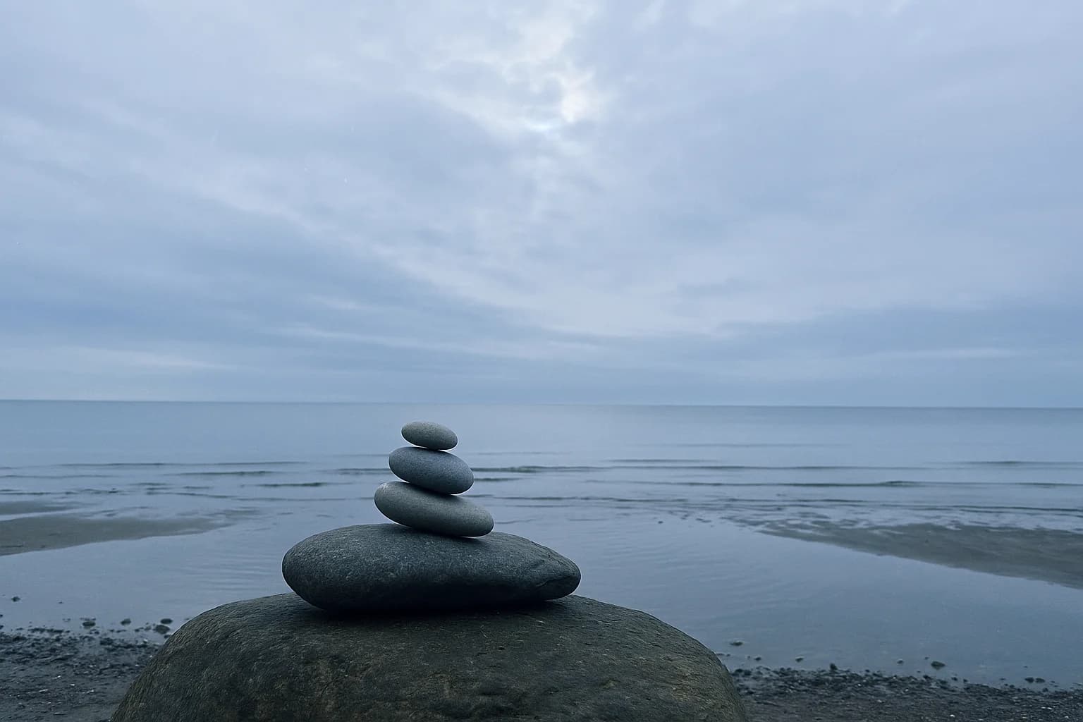 Pierres lisses empilées en équilibre sur un rocher de plage, ciel couvert et mer calme en arrière-plan