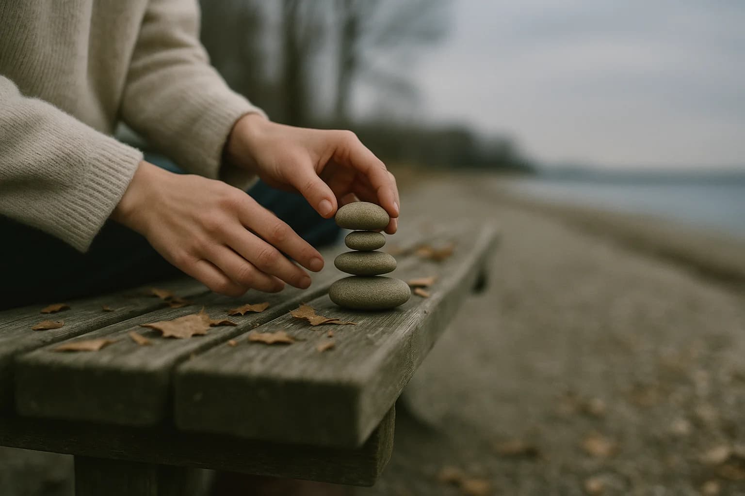 Mains empilant des galets sur un banc en bois usé, feuilles d'automne sèches éparses autour du petit cairn